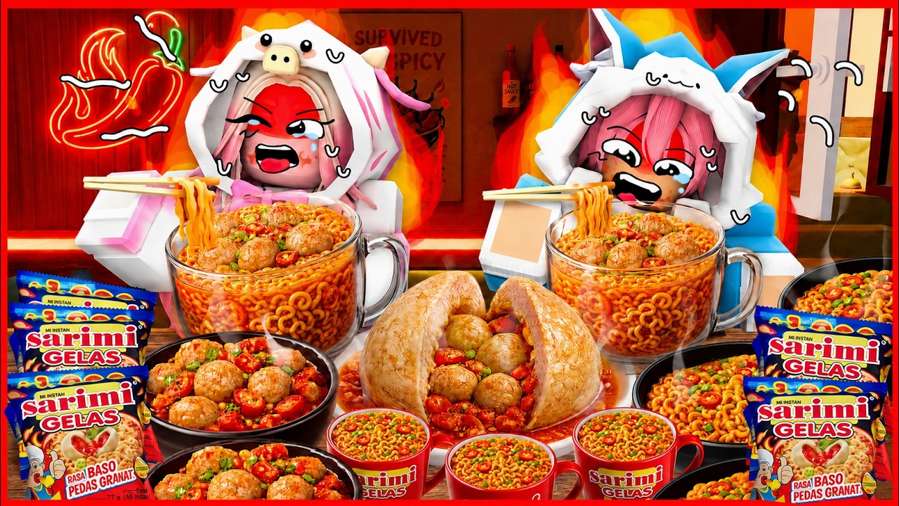 ATUN & MOMON CHALLENGE MUKBANG SARIMI GELAS BASO PEDAS GRANAT !! Roblox