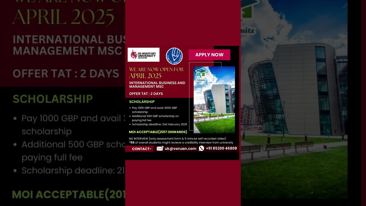UK De Montfort University Admissions Open – April 2025  Intake ! 