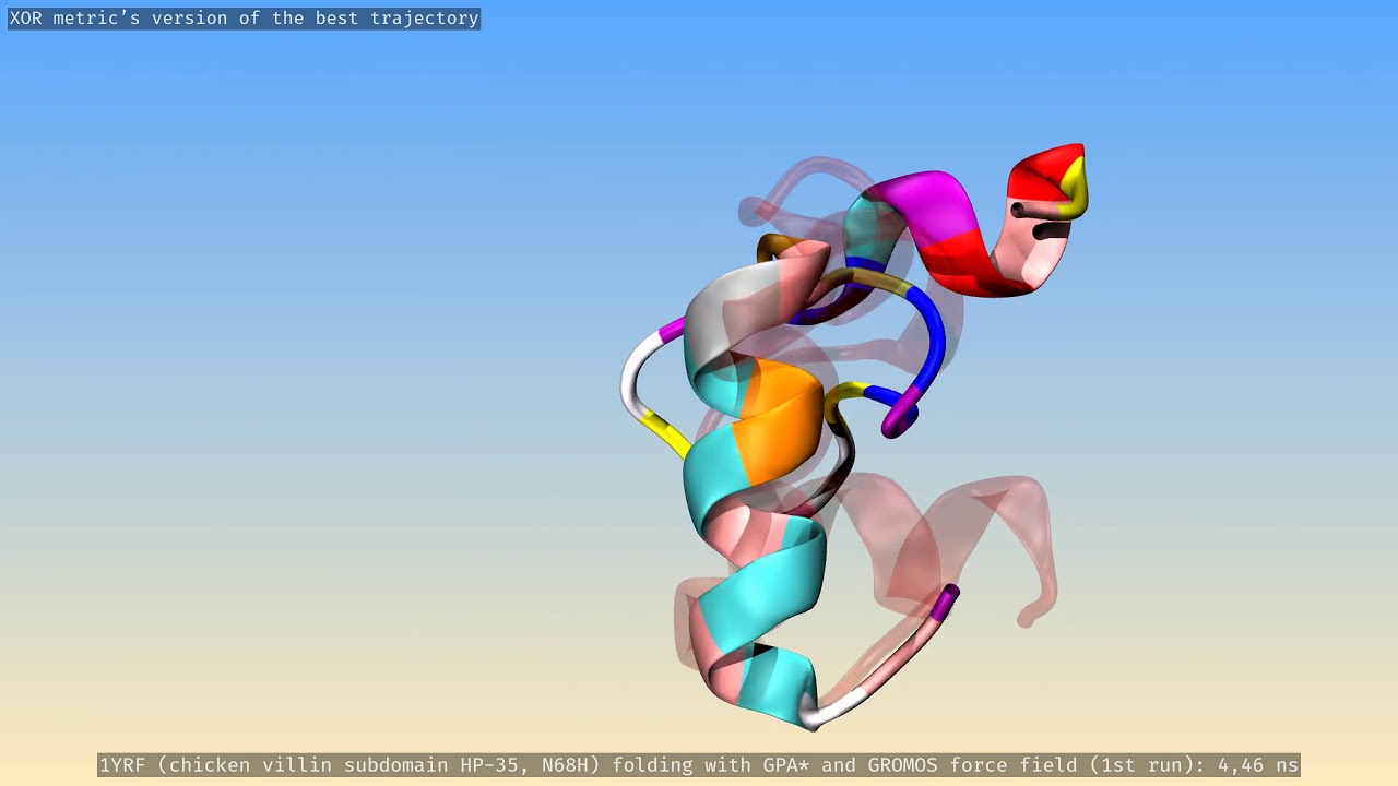 Villin (1YRF) folding with GPA* and GROMOS ff (3.864 Å). Run 1. XOR's view.