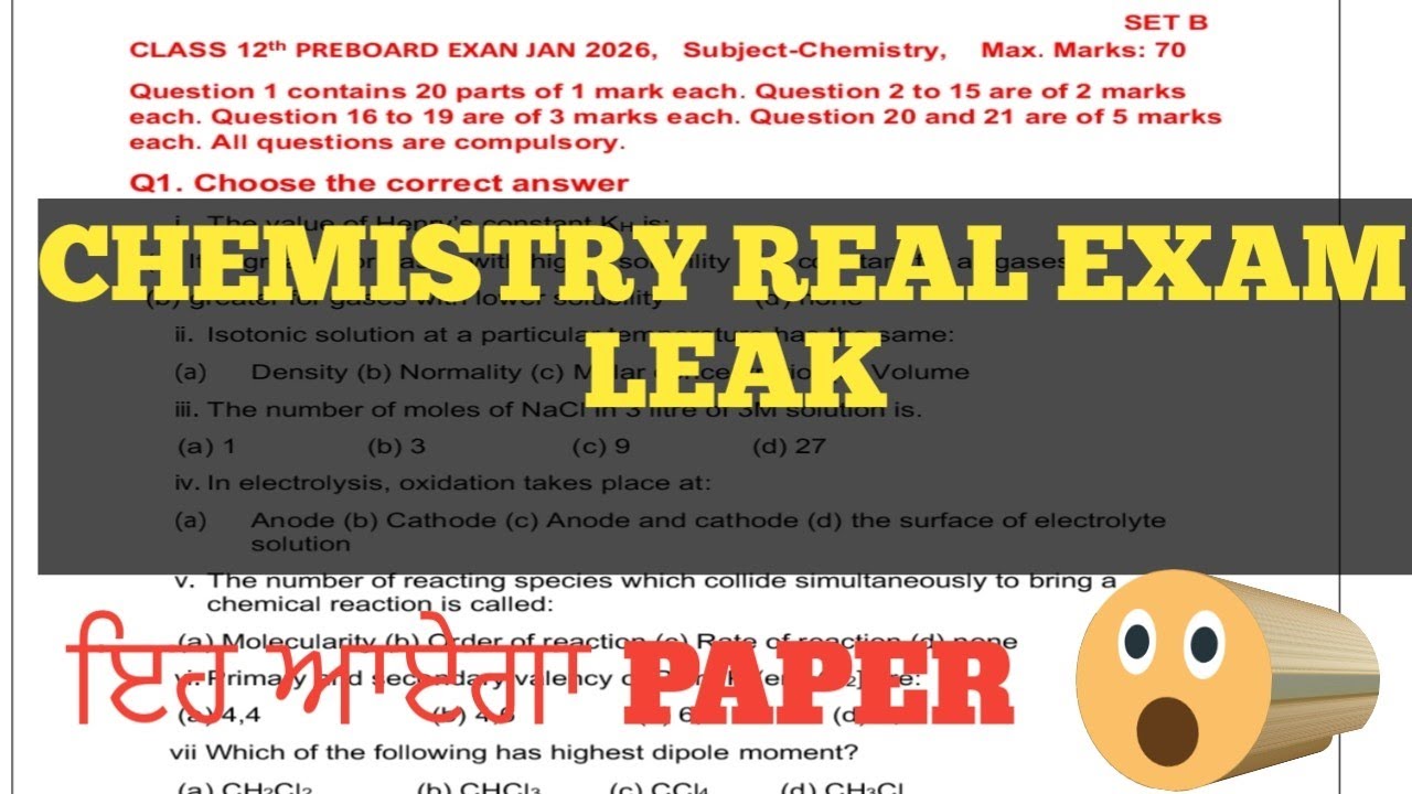 Chemistry Pre board paper 2026 (PSEB) || Class 12 Chemistry Pre-board Exam 2026