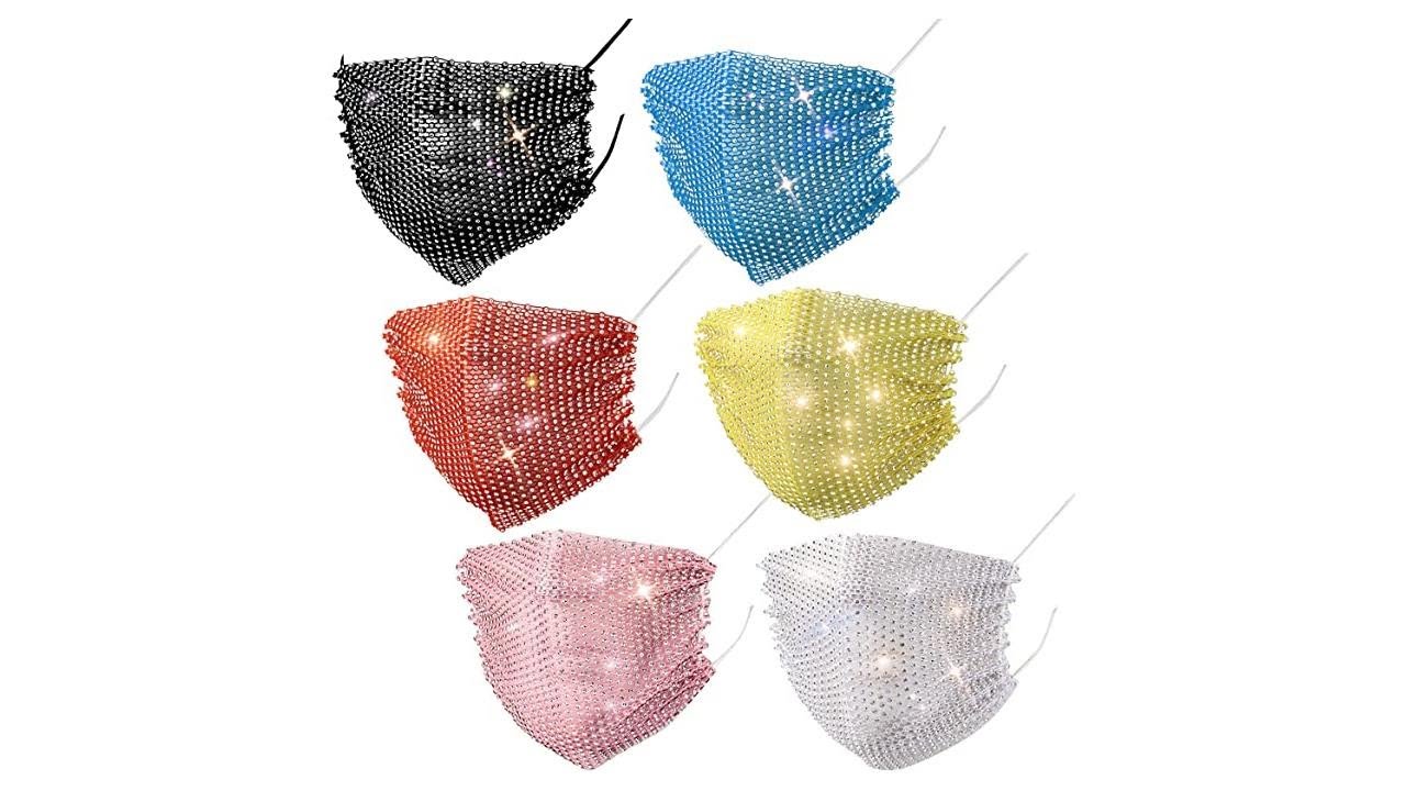 6 Pieces Shiny Rhinestone Mesh Mask Multicolor Crystal Masquerade Face Mask