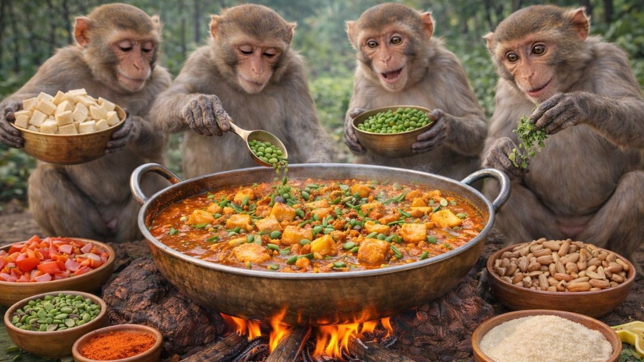 बंदरों ने खुले जंगल में बनाई मटर पनीर 😲🐒🔥  Monkeys Cooked Matar Paneer