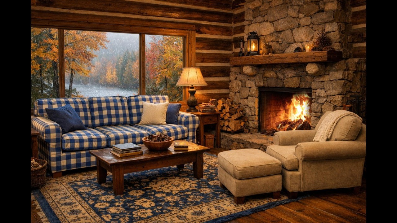 Relax in this cozy living room by the fire on a cool autumn day