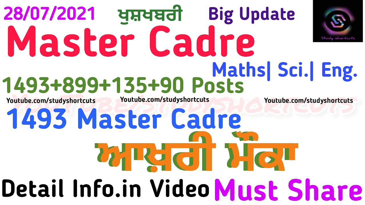 ਆਖ਼ਰੀ ਮੌਕਾ 1493 Master Cadre Posts 2021 Maths Sci. Eng. 899+135+90 Border Backlog/New Posts 2021