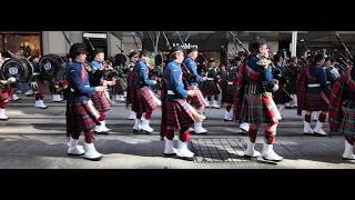 ANZAC DAY 2026 , PIPES AND DRUMS , RETURN TO THE CENTOTAPH , LAMENT AND MARCH OFF .