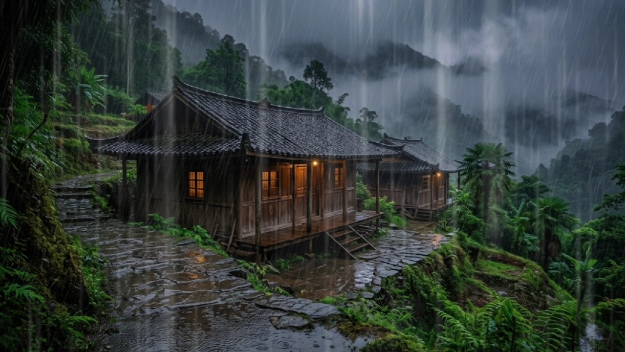 🏡 Cozy Mountain Cabin in Heavy Rain – Relaxing Sleep Sounds (24/7)