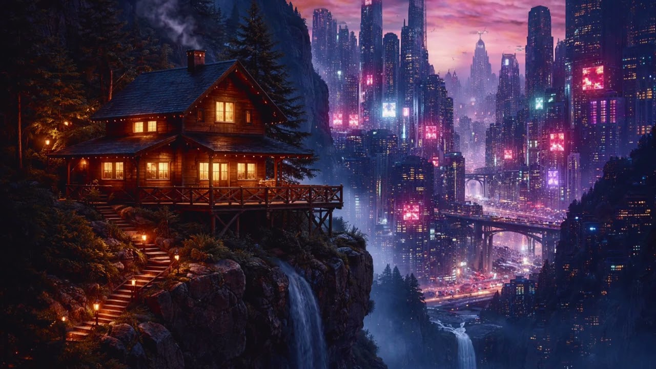 432Hz Deep Sleep — Cozy Cabin Above Neon City 🌙 Waterfall Night Ambience (12 Hours)