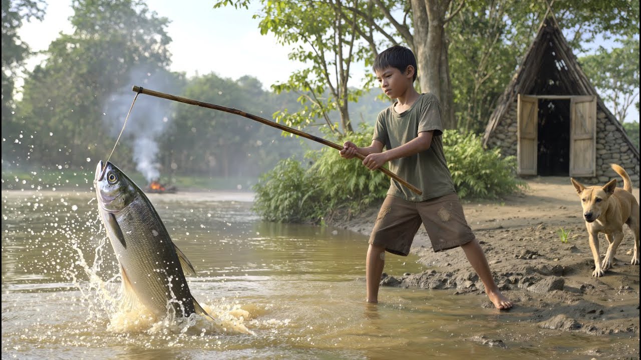 The orphan boy built a hut by himself and survived by fishing.
