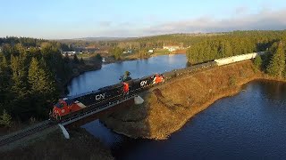Nice Aerial View of an Extra CN Train 407 near Dorchester, NB with MSC Containers