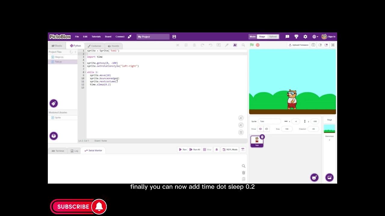 How to make tobi walk in Pictoblox using python - YouTube