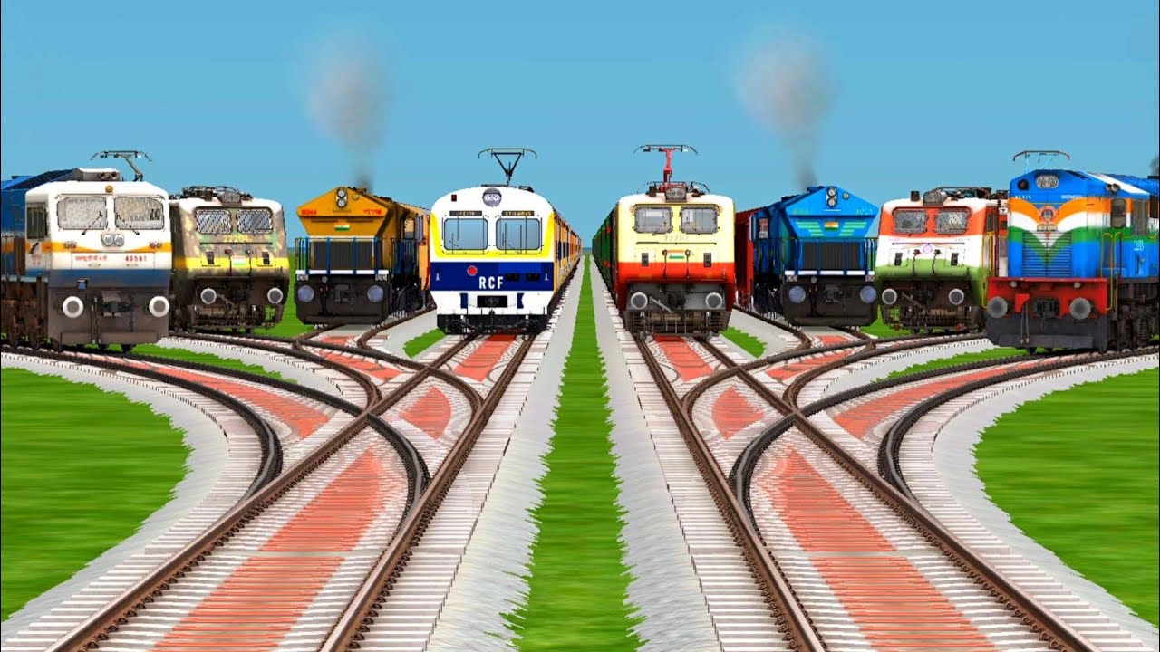 8 Trains Crossing on Extreme Bumpy & Curved Railroad Tracks | Realistic Train Simulator