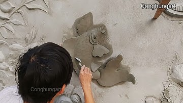 Tạo phù điêu thực tế về cá chép / xi măng / gần như bật ra khỏi tường