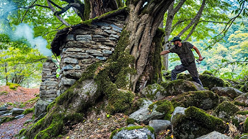 Cozy Cabin Between Trees – Clay Stove & Campfire Food