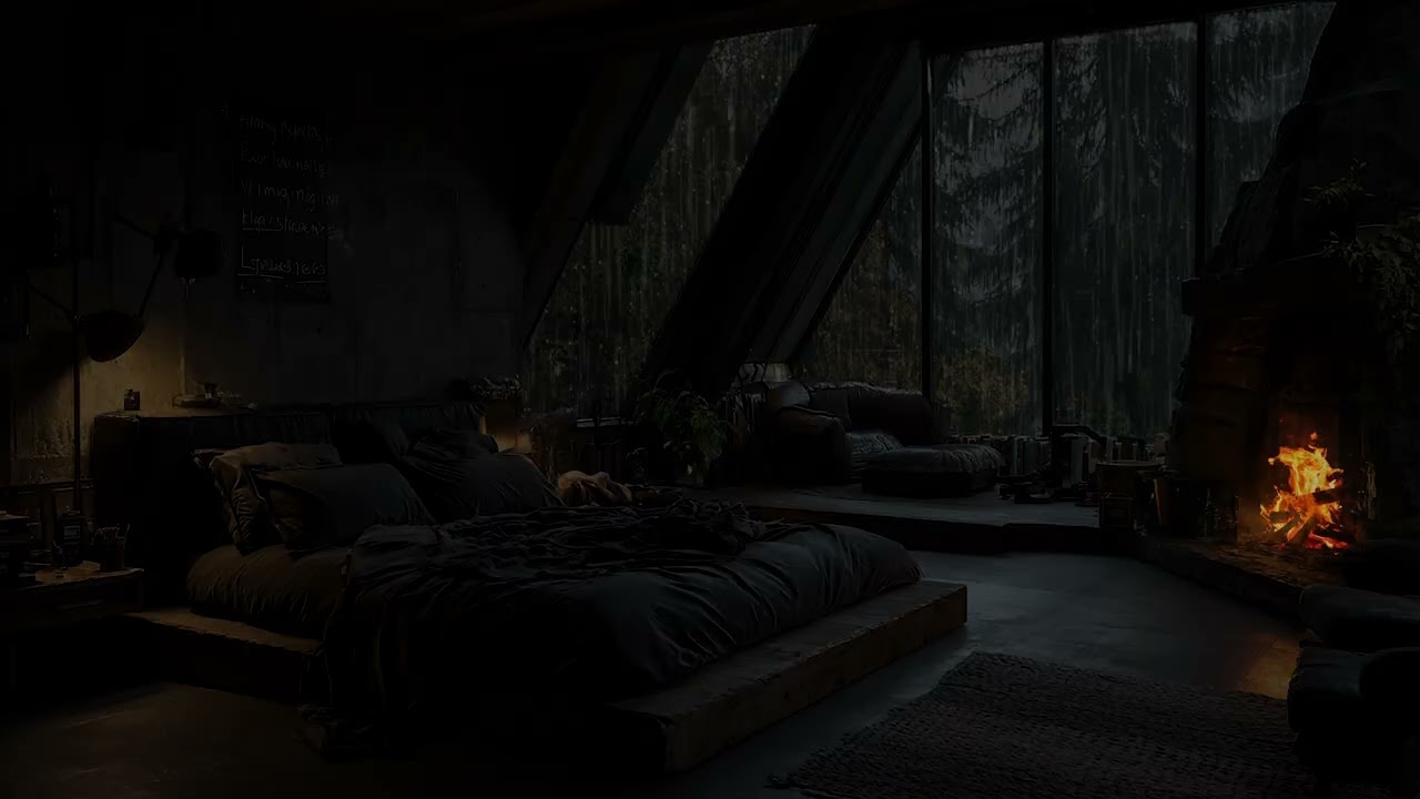 Slow Rain Drifting Over Mountain Forest Trees | Cozy Fireplace Indoors Ambience Nature Rain Sounds
