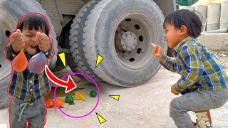 P Pluem | Cement truck VS colorful water balloons Play Mixer Truck vs Water balloons