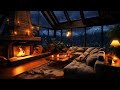 Thunderstorm  rain with lightning behind the mountains crackling fireplace  sleeping cats
