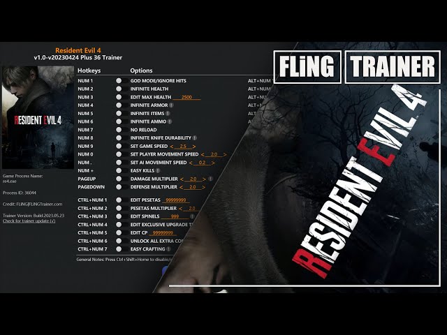 Resident Evil 4 Remake PC Trainer Infinite Health Items Ammo Unlimited  Pesetas No Recoil Cheat FLiNG 