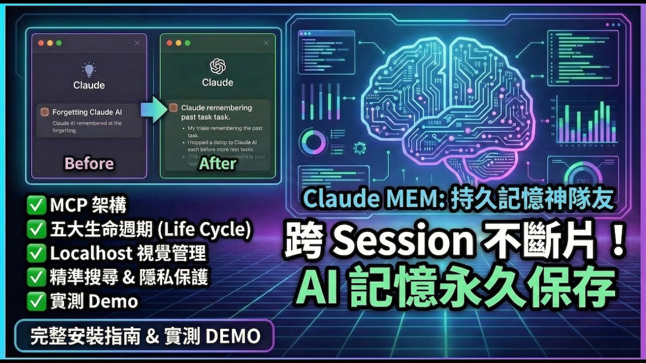 Claude Code 必裝 Plugin！Claude MEM：讓 AI 擁有持久記憶，重啟 Session 也不怕忘記 - YouTube