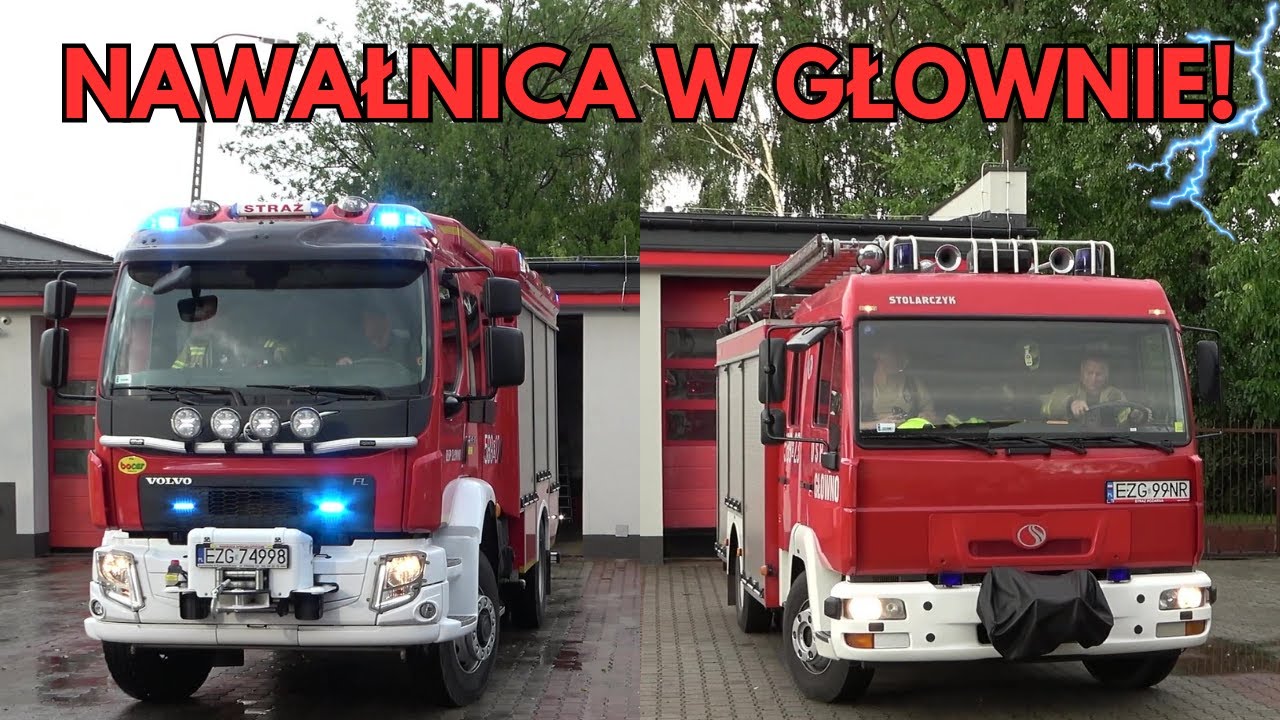 Alarmowanie i wyjazd 2 zastępów GBA Volvo FL280 i StarMan z OSP Głowno do usuwania skutków nawałnicy