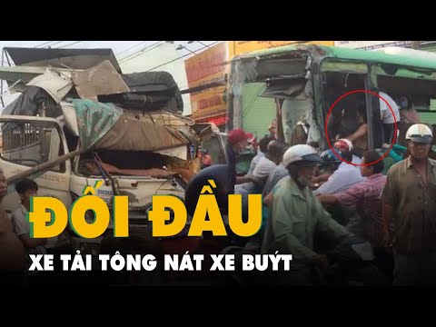 Video Xe tải chở gạch đối đầu xe buýt, làm sập tường nhà... - youtube