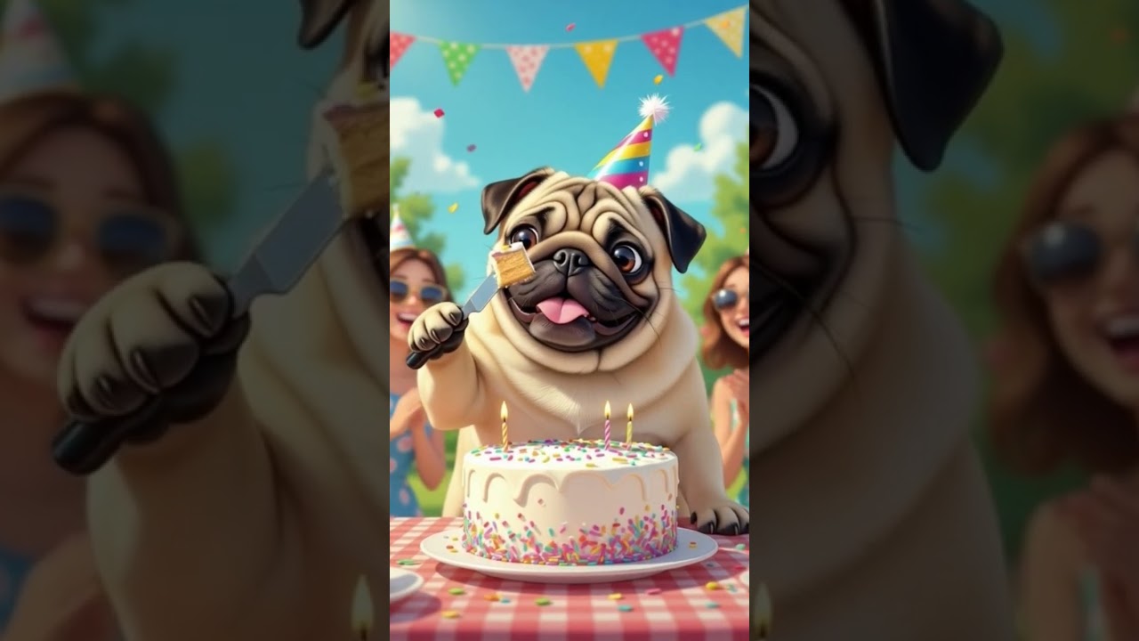 an animated pug with a wrinkled face cutting a colorful cake 