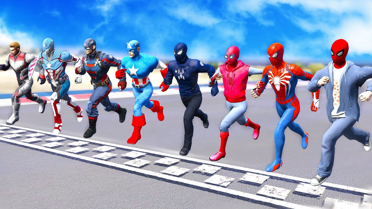 SPIDERMAN Team vs CAPTAIN AMERICA Team Running Challenge, Spiderman vs Captain Street Racing - GTA 5