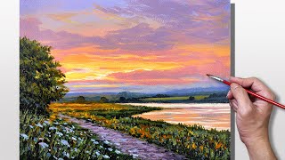 Acrylic Painting Sunset Lake Landscape  Correa Art