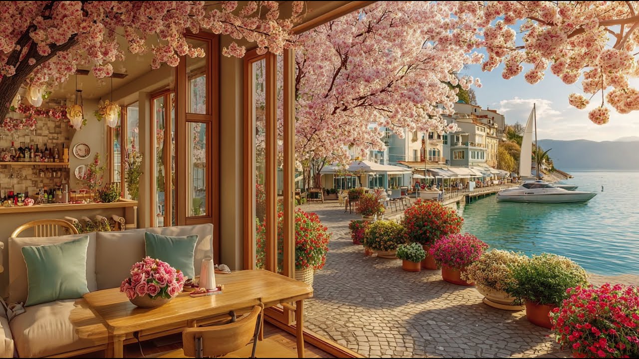 Spring Jazz Cafe by the Ocean | Cozy Seaside Ambience for Relaxing, Work & Study