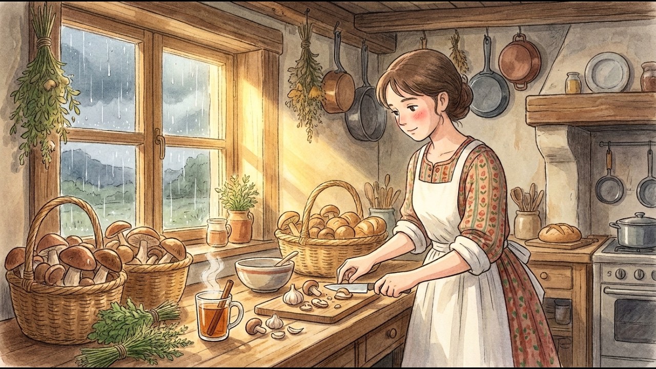 Cozy Autumn Storm Shelter 🌧️ Cooking Creamy Mushroom Soup & Garlic Bread | Ghibli ASMR