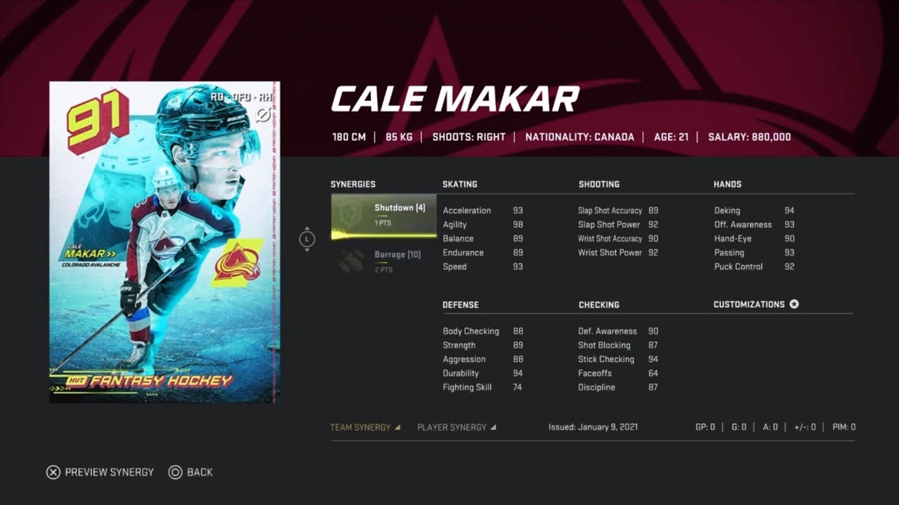 NHL 21 HUT Fantasy Hockey Sets Cale Makar 91 PS4
