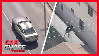 END OF CHASE: LAPD chase armed robbery suspect who ditches Mustang to flee on foot