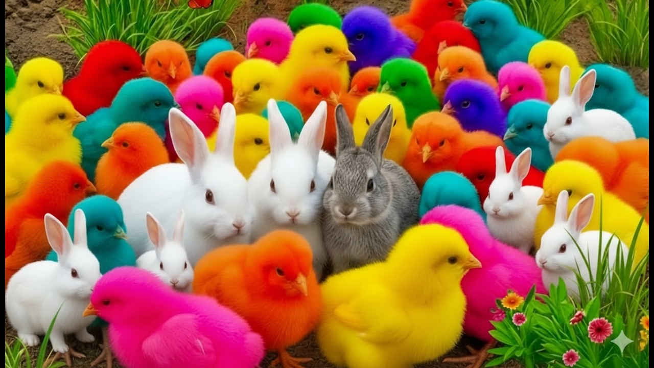 CUTE BUNNY AND RAINBOW CHICKS WITH COLORFUL BALLS ||  BUNNY PLAY WITH BRIGHT BALLS 🐥🌈