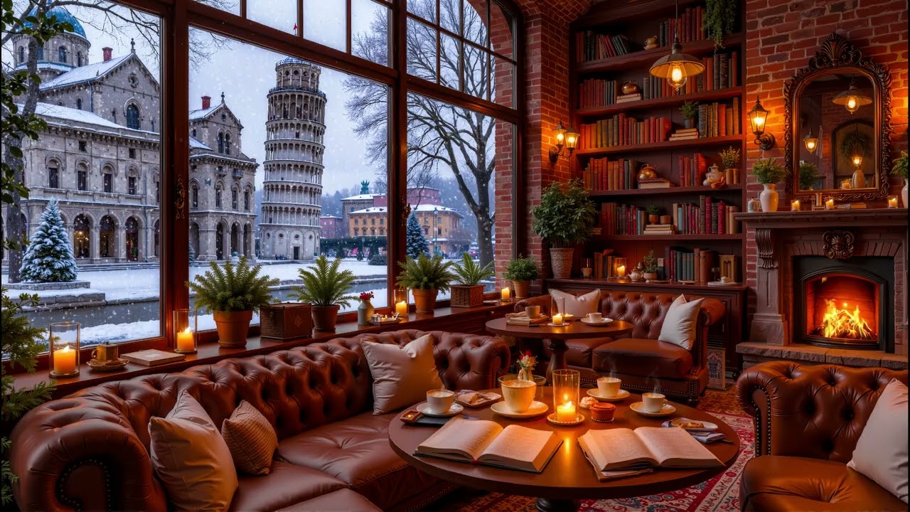 🎷 Cozy Winter Jazz Café ❄️ Fireplace Library with Snowy Pisa View | For Sleep, Study & Relax