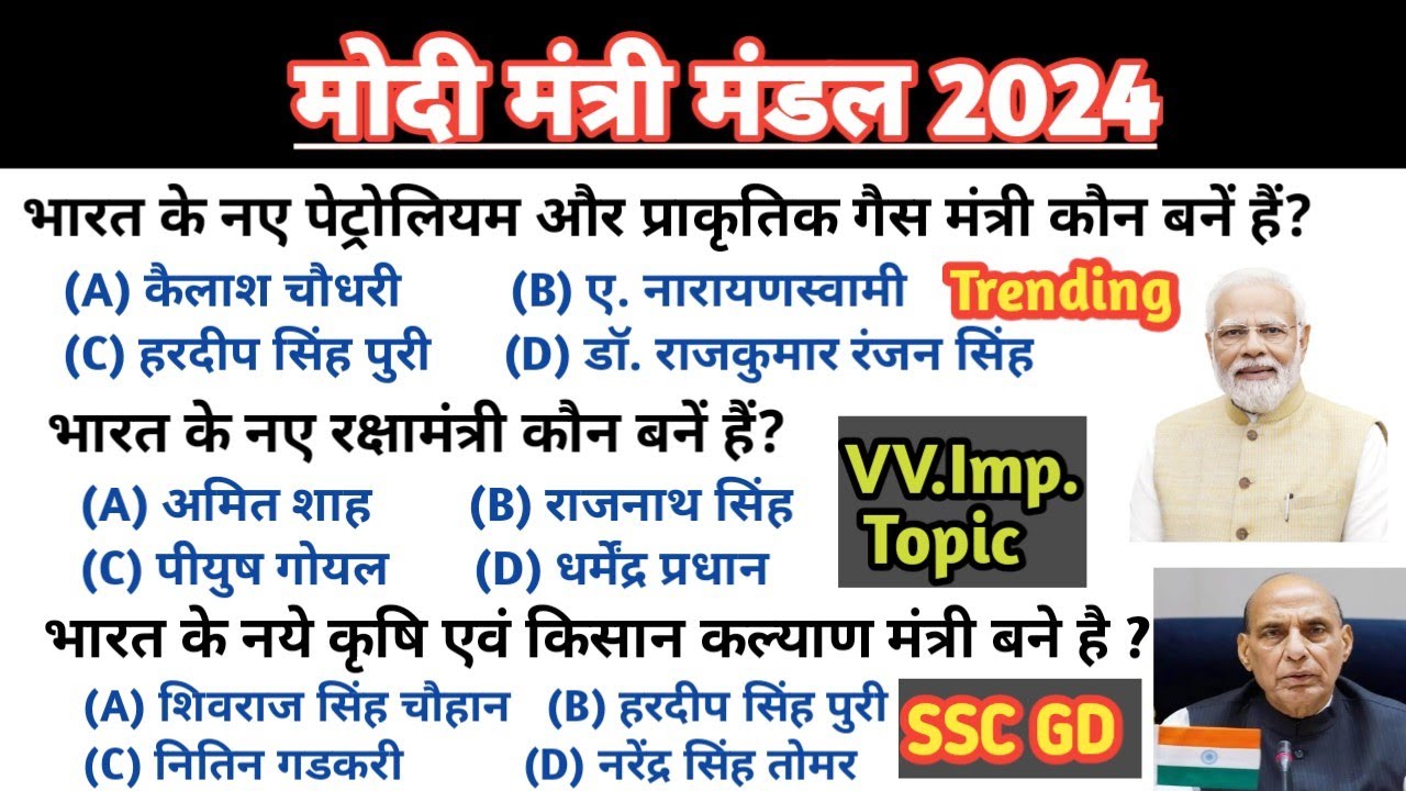 नए मोदी मंत्री मंडल 2024 । Modi Mantri Mandal 2024 । Modi Cabinet Ministers 2024 । Top : GK