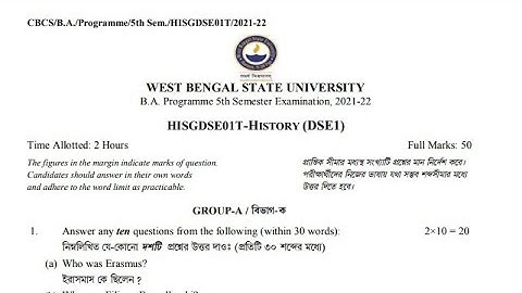 West Bengal State University BA History General 5th Semester DSE Question Paper