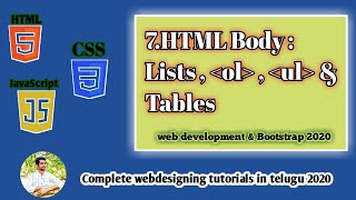 HTML Tutorial : Lists and Tables | web Development in Telugu | 2020  Tutorial # 7