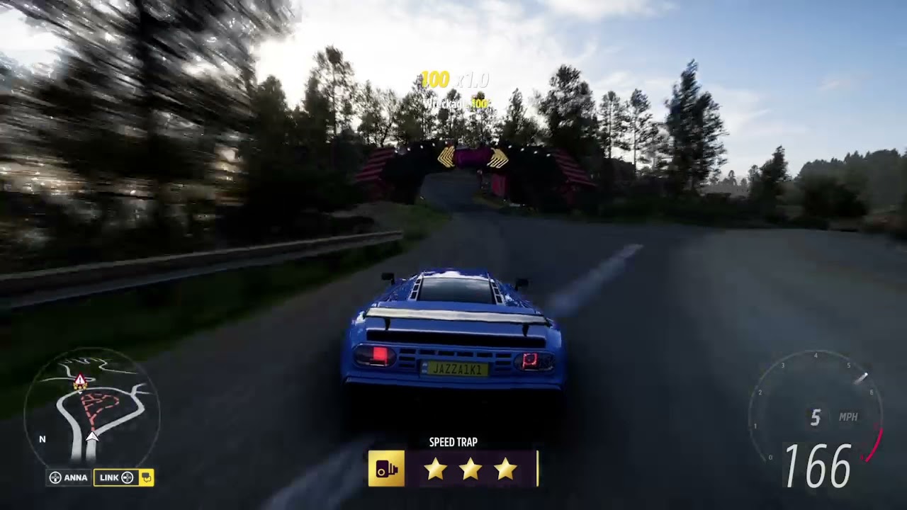 Forza Horizon 5 3 Star Accolade Point Jump at Base jump Danger Sign in a 1992 Bugatti EB110.