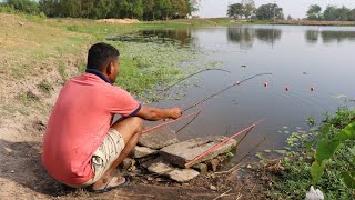Fishing Video || A very skilled boy is fishing in the village pond using four hooks || Catching fish