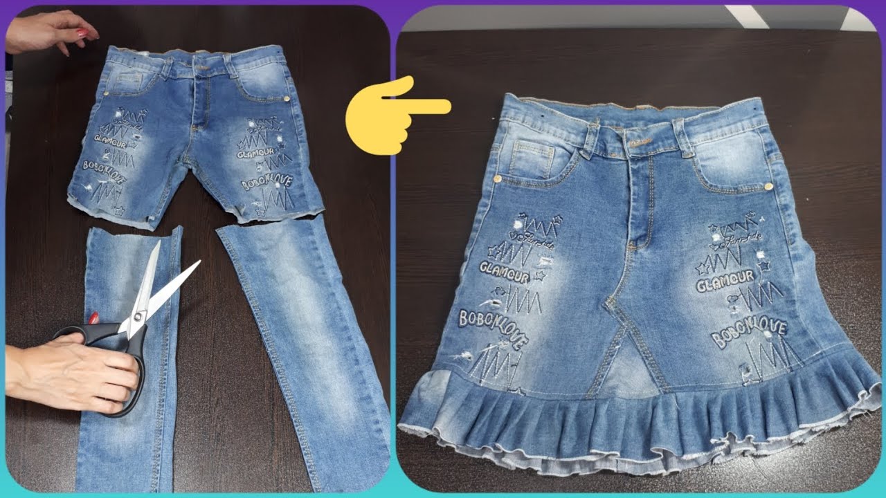 Recycleing old jeans into skirt, Channel old jeans into new style #ideas #Reused #recycles
