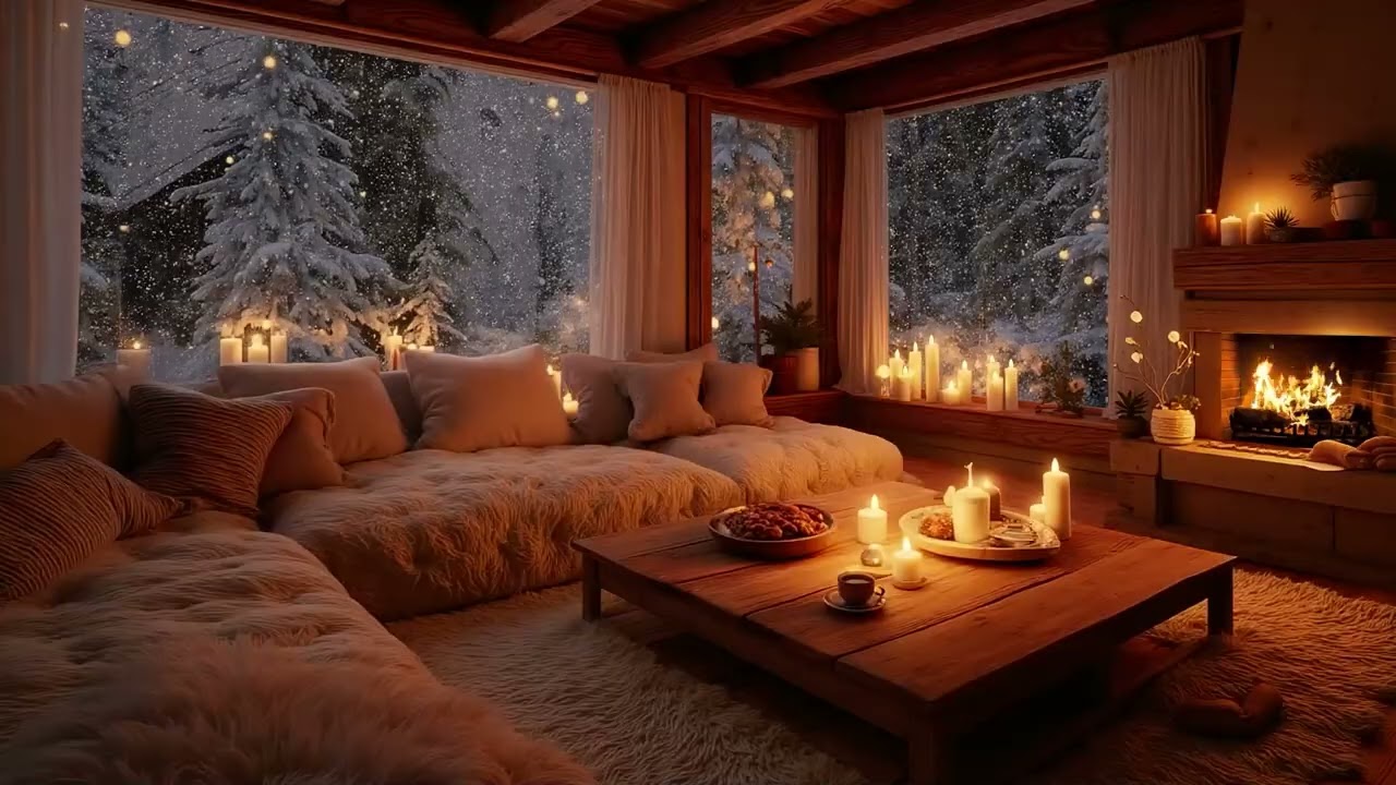 Snowy Cozy Cabin Ambience ❄️ Fireplace & Wind Sounds for Insomnia Relief and Deep Sleep
