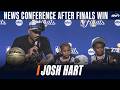 Josh Hart reacts to winning an NBA title with Jalen Brunson and Mikal Bridges
