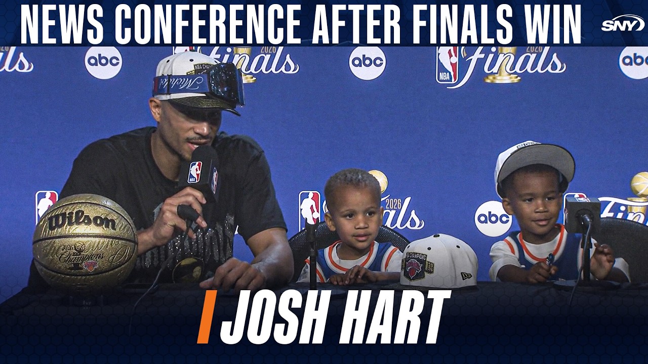 Josh Hart reacts to winning an NBA title with Jalen Brunson and Mikal Bridges