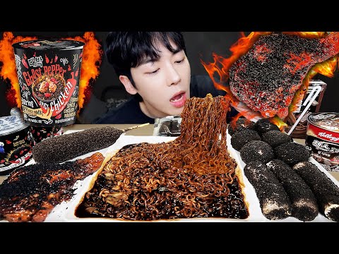 ASMR MUKBANG | 고스트 페퍼 대왕 가래떡 튀김 핫도그 불닭 블랙 음식 먹방 & 레시피 FIRE Ghost Pepper Tteokbokki