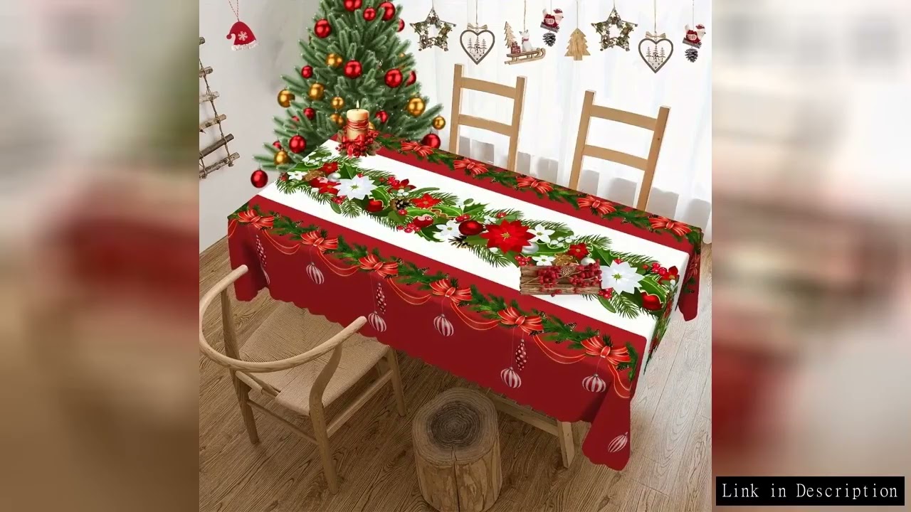 Christmas Pine Needle Bells Rectangle Tablecloth Holiday Party Decor Reusable Waterproof Dining Tabl