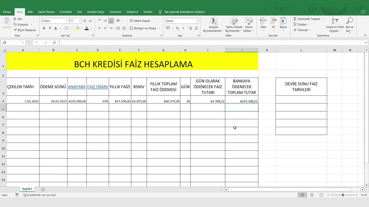 (HAP BILGi-1)BCH KREDİ FAİZ HESAPLAMA-DEVRE SONU FAİZİ
