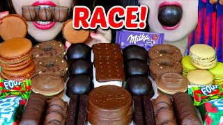 ASMR LEFTOVER DESSERT RACE (CHOCOLATE MARSHMALLOW, ICE CREAM, JELLY, GUMMY, CAKE BARS, MACARONS 먹방