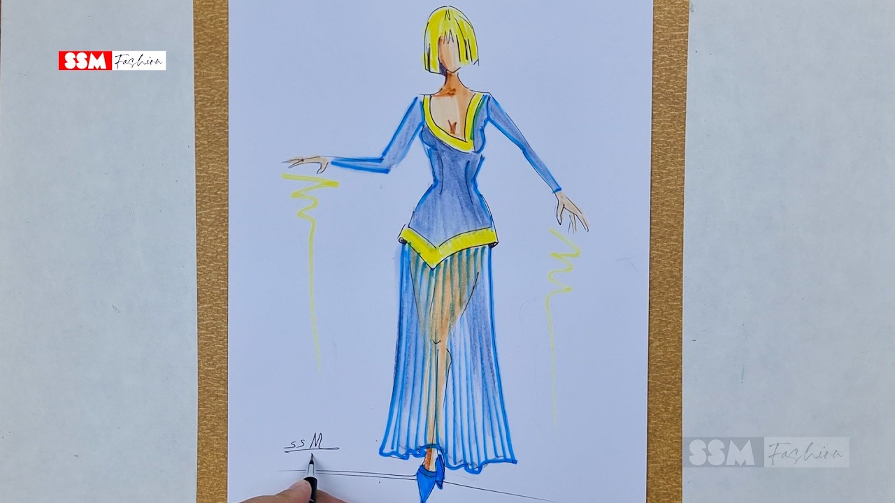 SSM Fashion: Blue & Yellow Evening Gown Sketch | 2026 Runway Design Inspiration