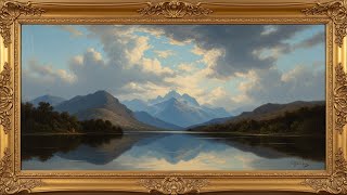 Frame TV Art with Music: Lakeside Reflection: A Classical Oil Painting of Snow-Capped Alpine Peaks screenshot 5