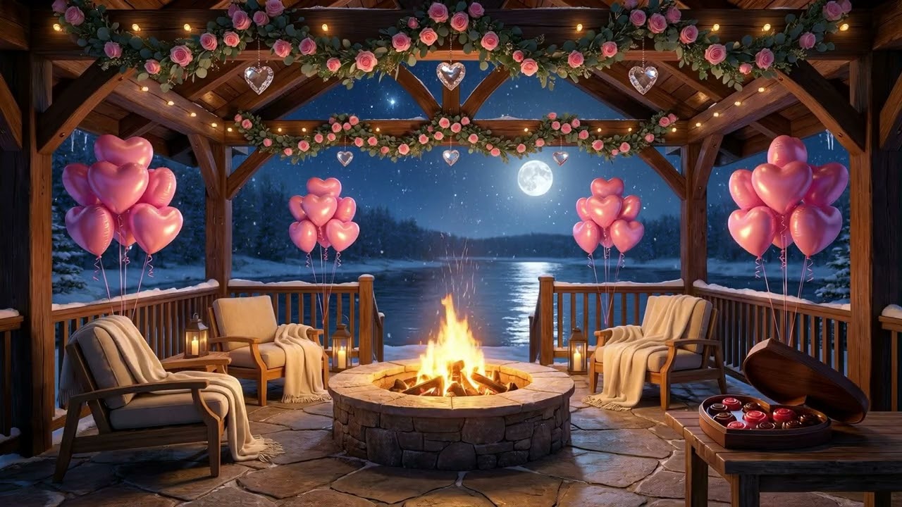 Luxurious Riverside Lodge Porch Ambience   Valentine's Sunrise Fire Pit & Lake