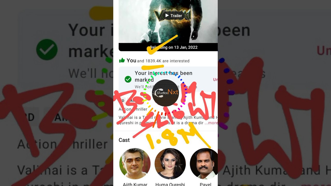 Valimai | Ajithkumar | Book My Show | 1.8 Million Intrusted | Ak | U1 | Boney Kapoor | StudiosNXT